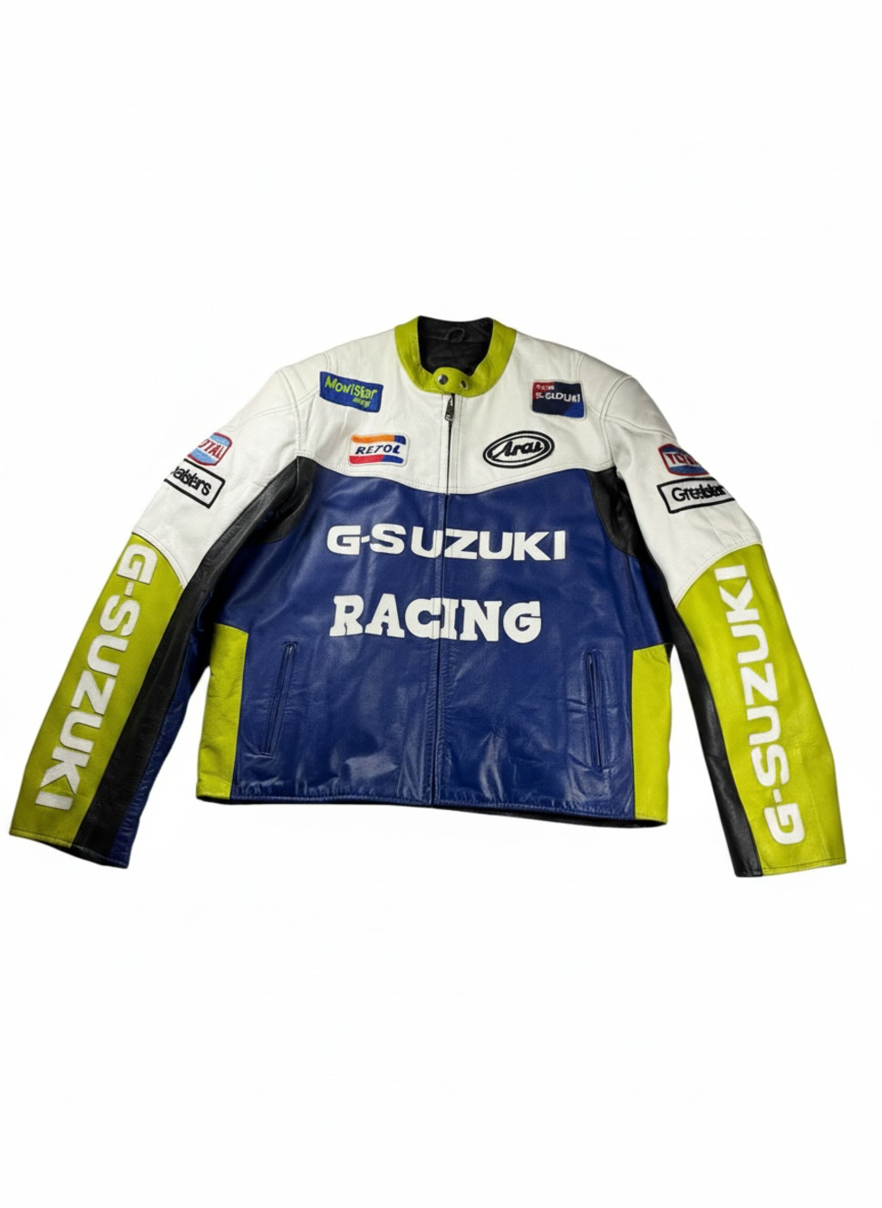 Real Leather Suzuki GSX-R Racing Leather Motorcycle Jacket MotoGP Blue White 3XL